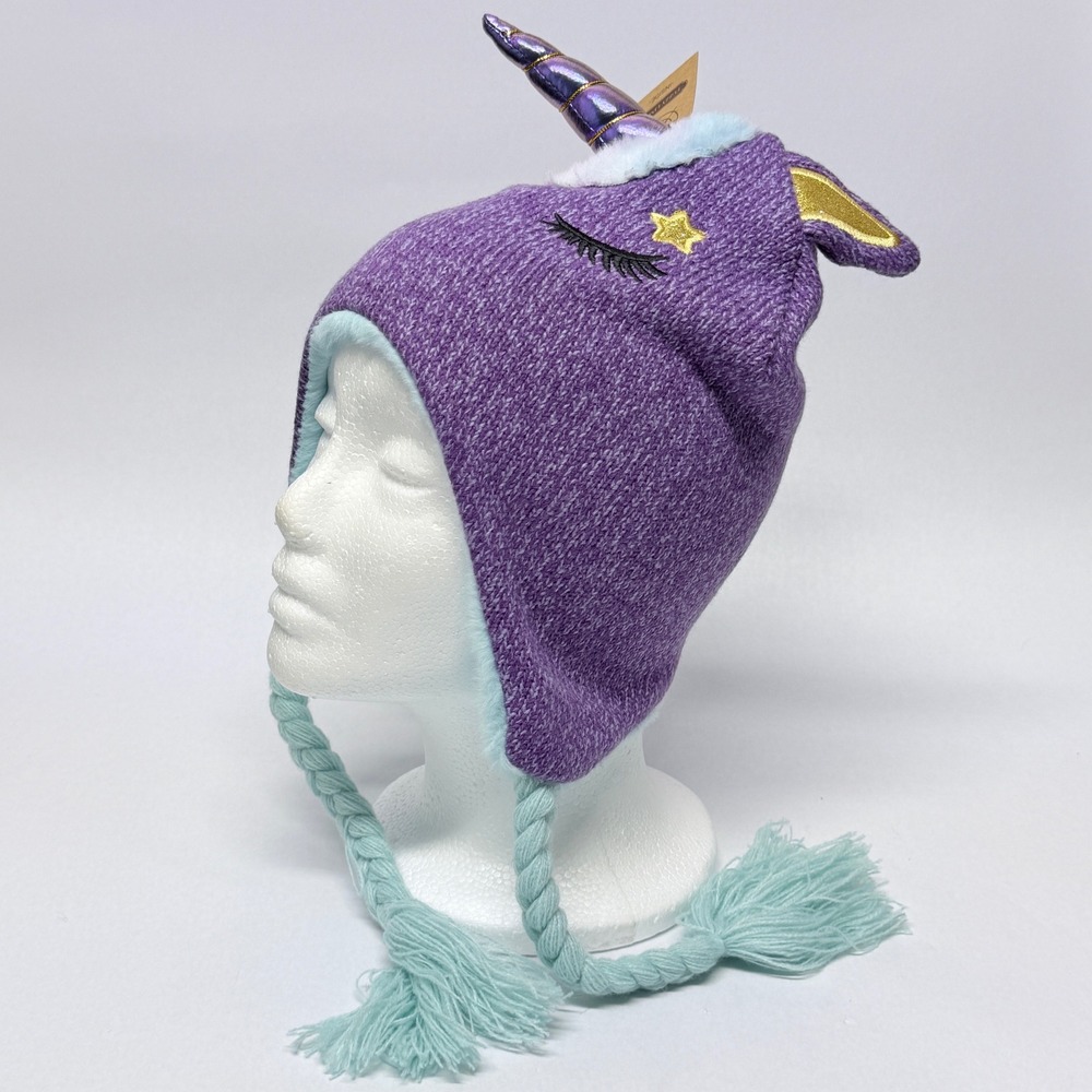 James Paul Youth Purple Unicorn Beanie Hat and Mitten Set Faux Fur Lined NWT
